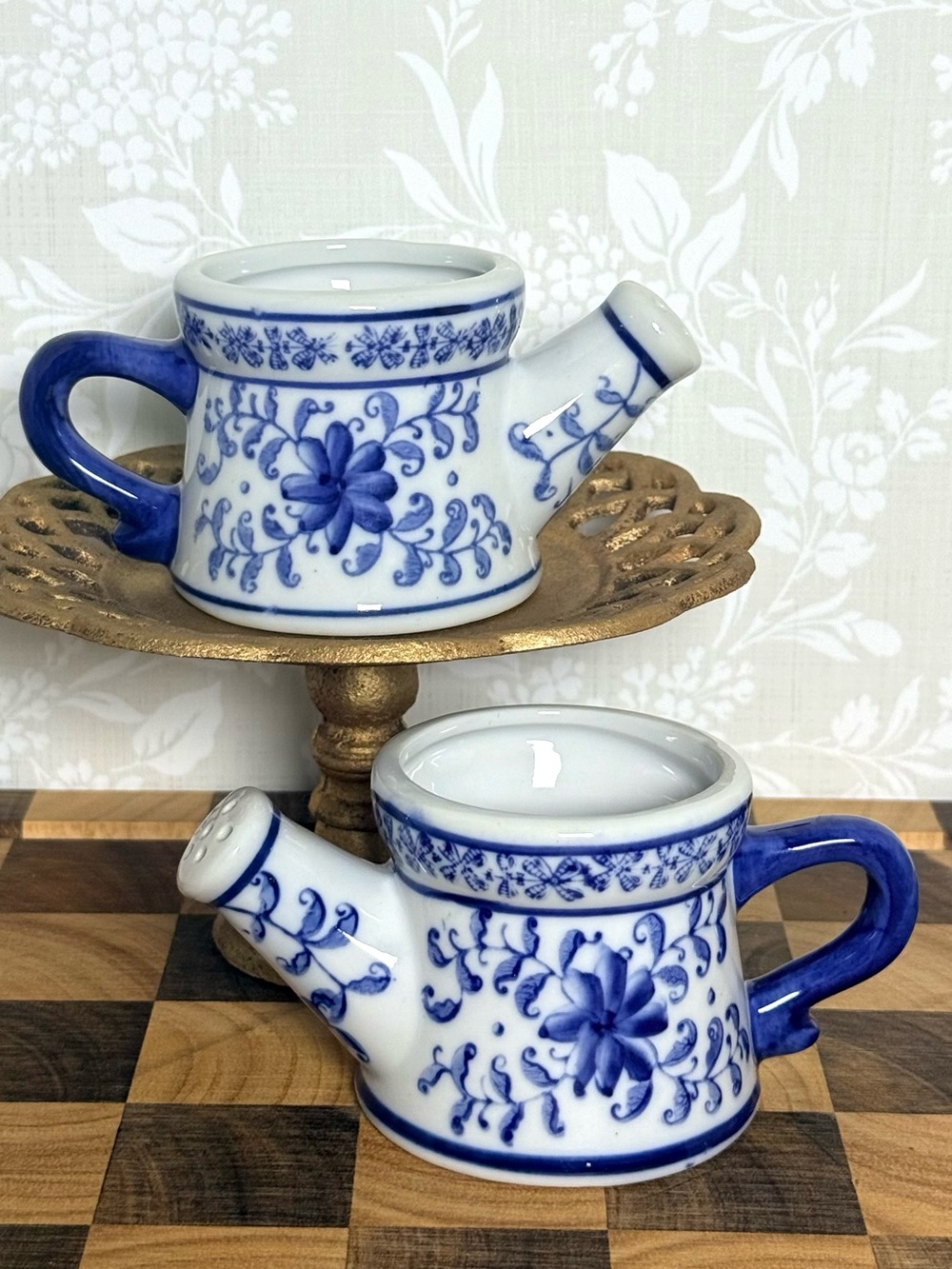 Blue and White Floral Ceramic Watering Cans Set of Two